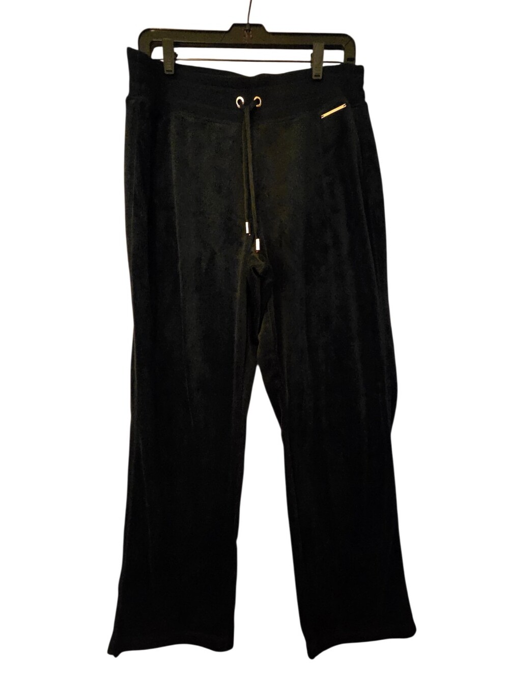 Halston Black Velour Drawstring Track Pants Gold Logo Athleisure Size Medium
